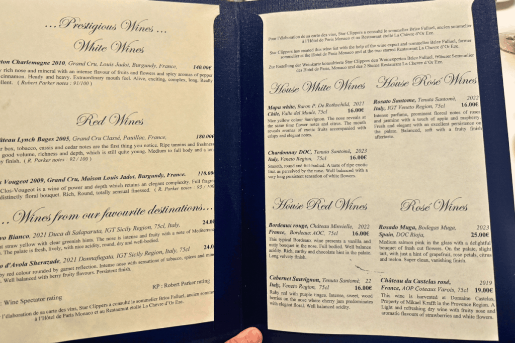 Star Clippers wine list