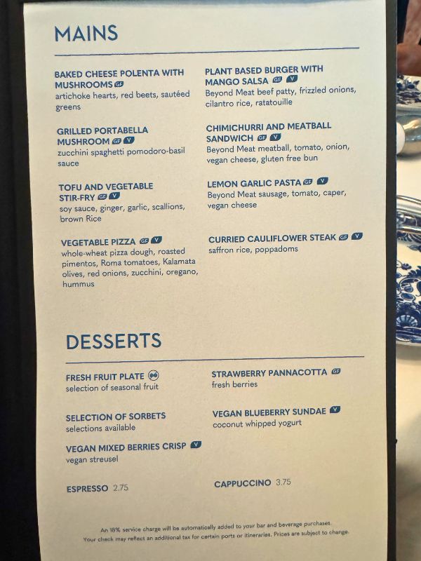 Holland America Line vegan menu