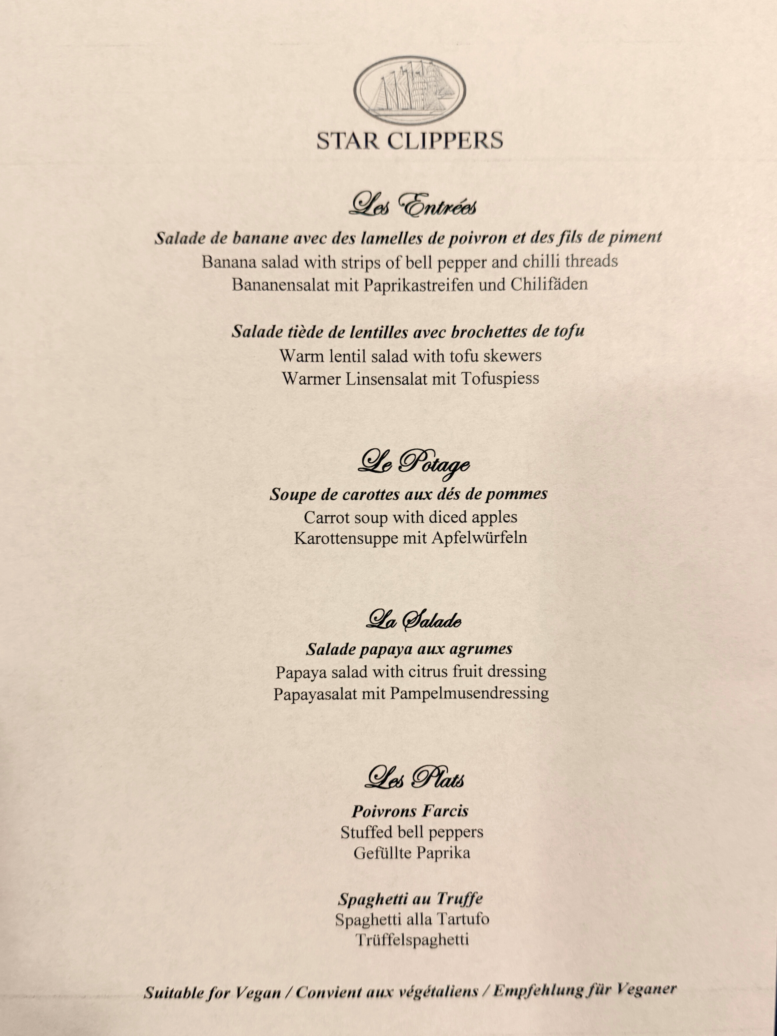 Star Clippers vegan menu