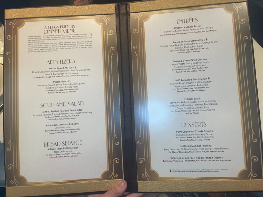 1923 allergy friendly menu Disney Wish