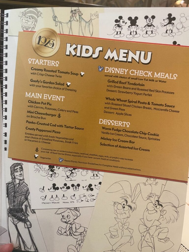 Disney Wish 1923 kids menu