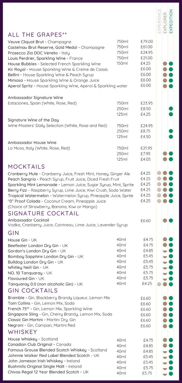 Ambassador Cruise Line wine and cocktail menu