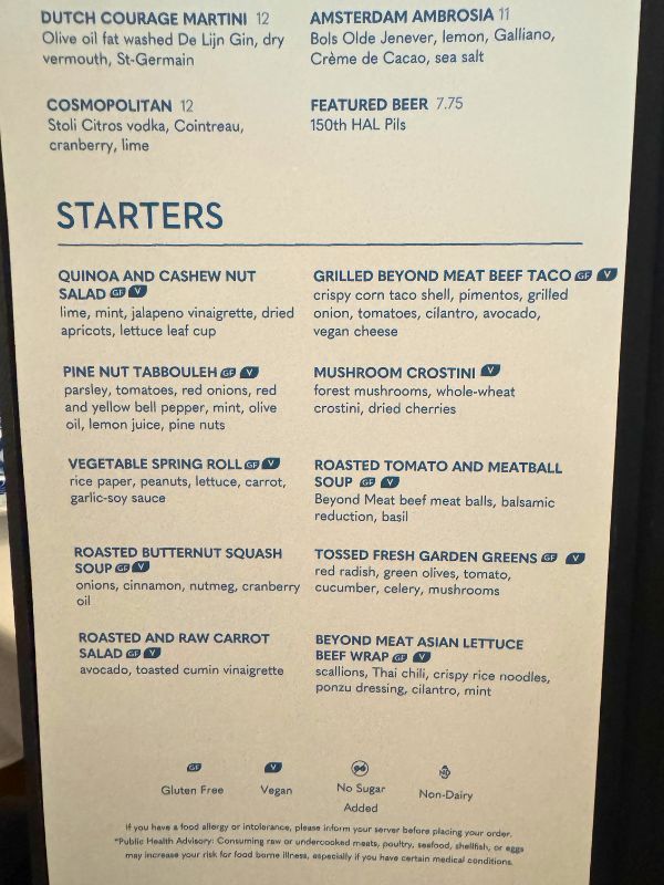 Holland America Line vegan menu