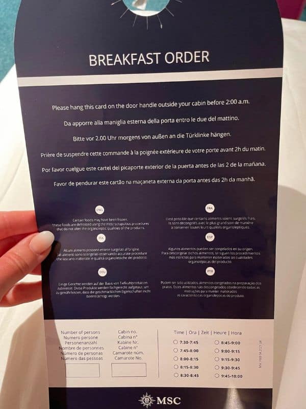 MSC cruise breakfast menu