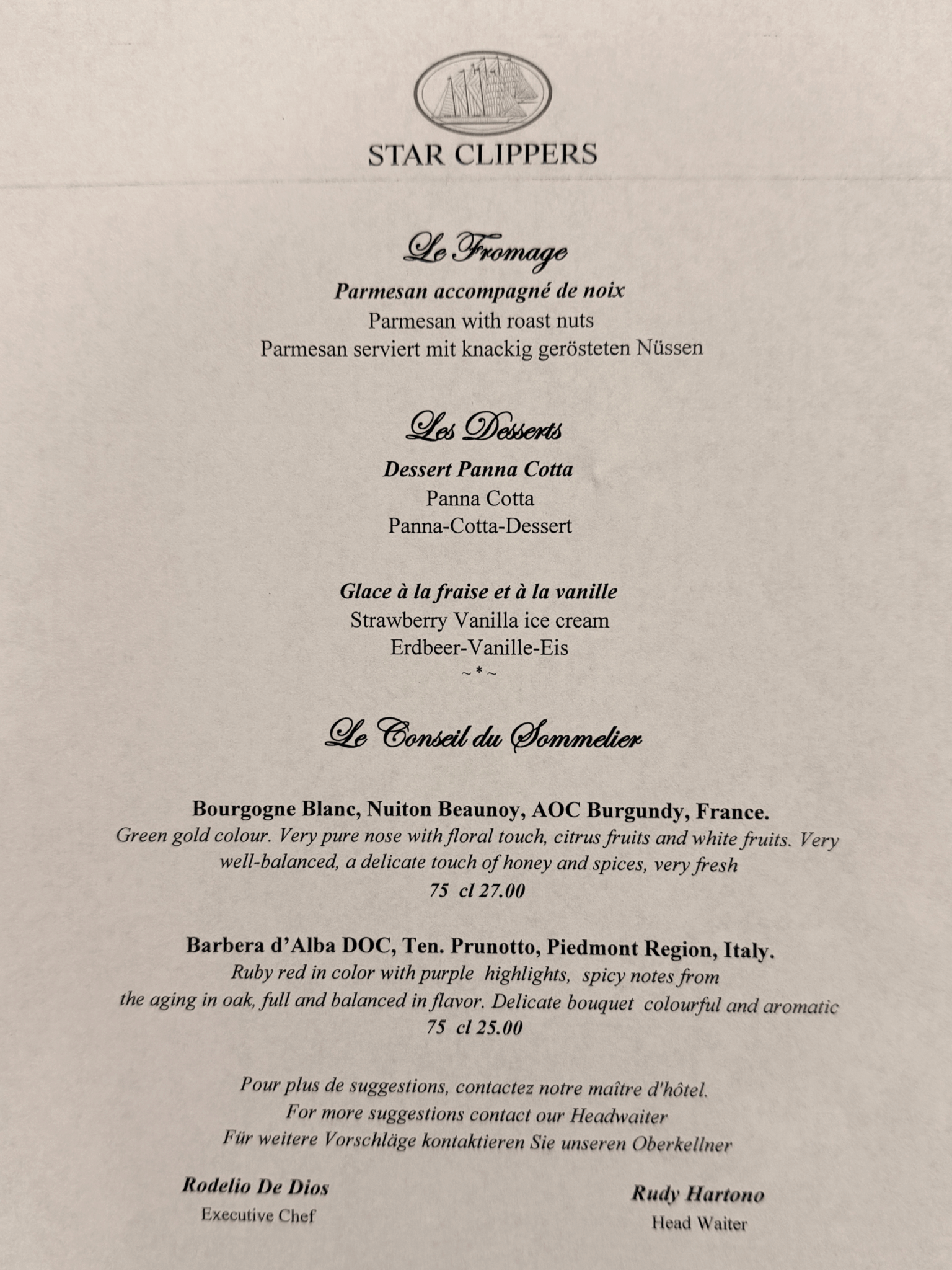 Star Clippers vegan menu (desserts)