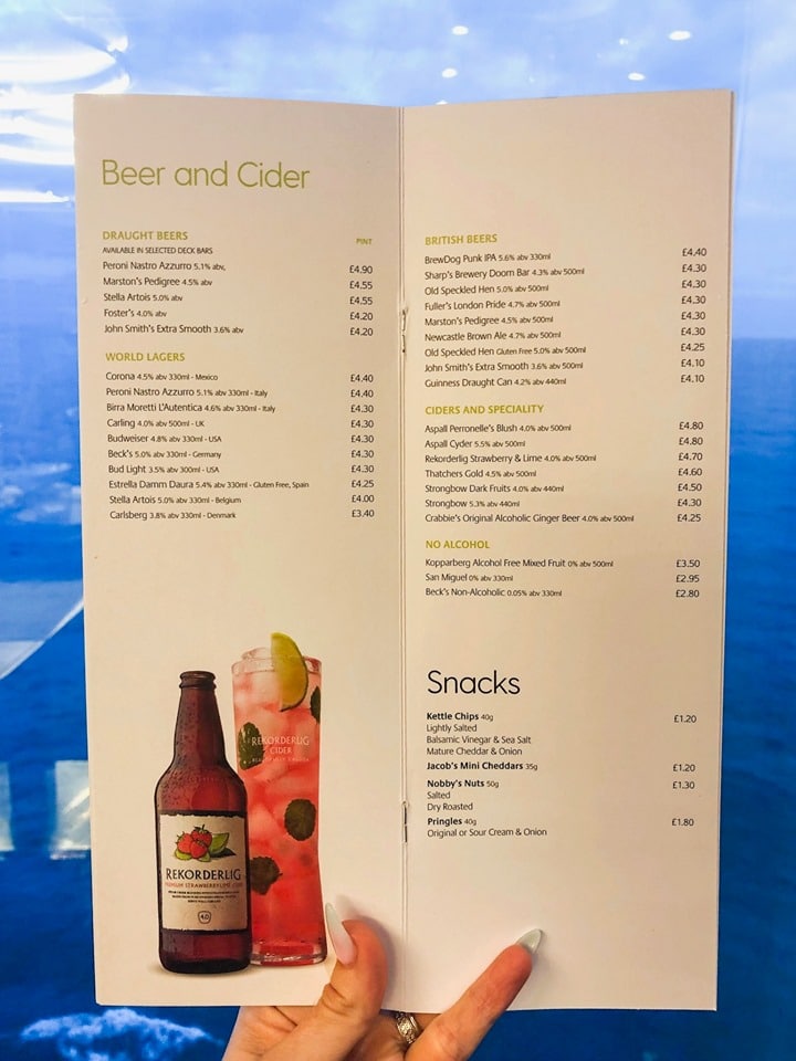 P&O Cruises drinks menu - beer and cider