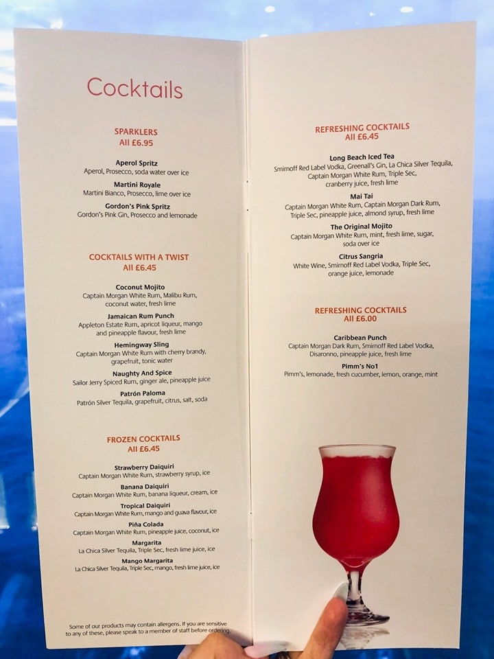 p&o cruises australia drinks menu