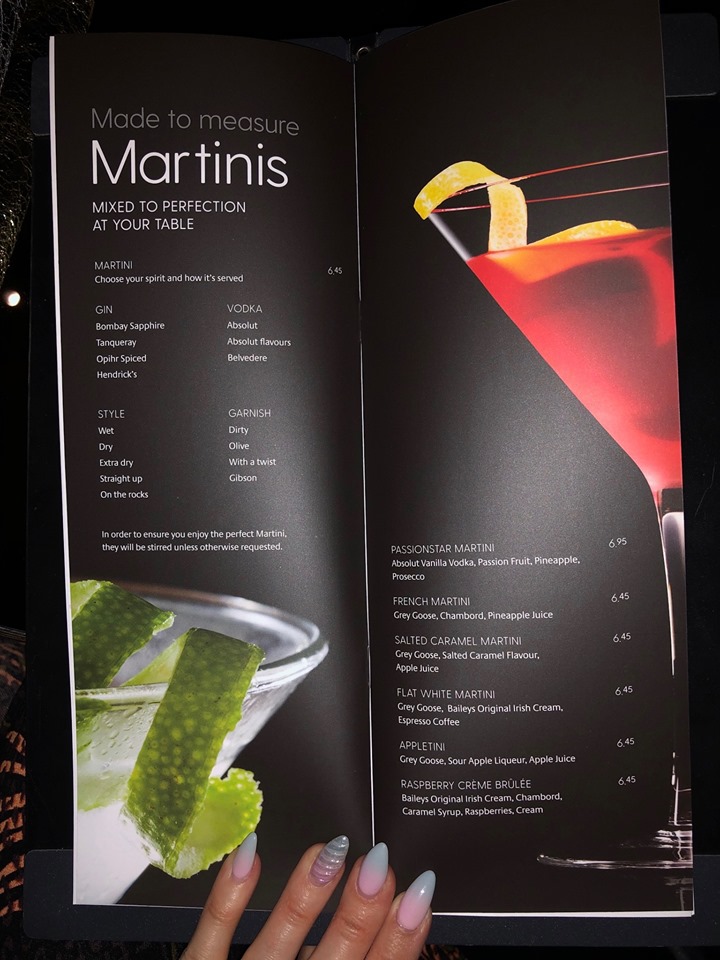 P&O cruises drinks menu
