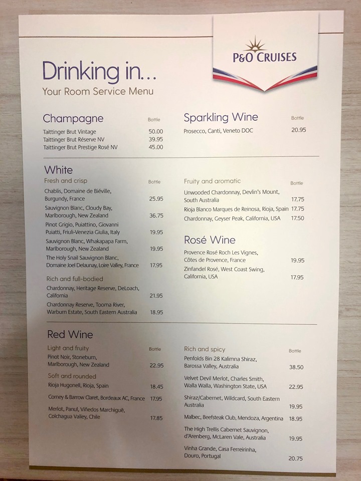 P&O Cruises room service drinks menu