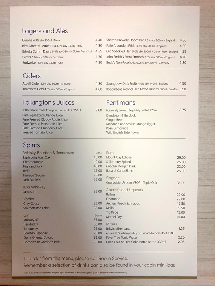 P&O Cruises room service drinks menu (reverse)