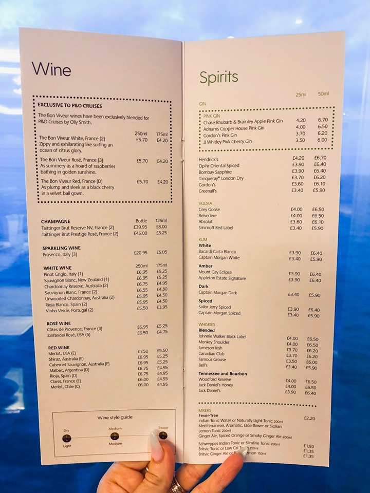 P&O Cruises drinks menu - wine and spirits