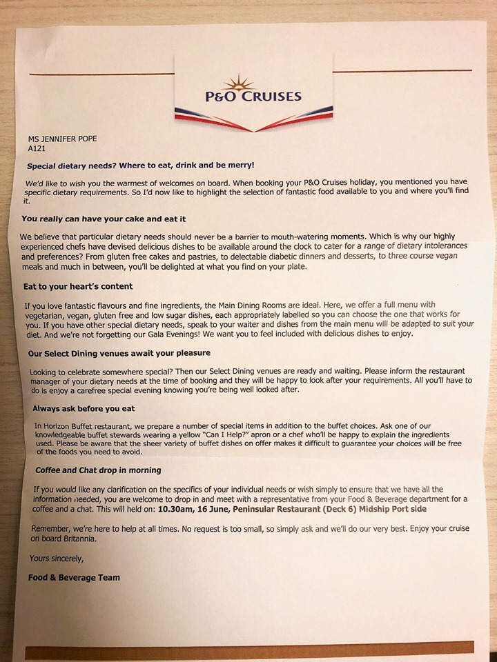 Welcome letter for people with special dietary requirements on P&O Cruises