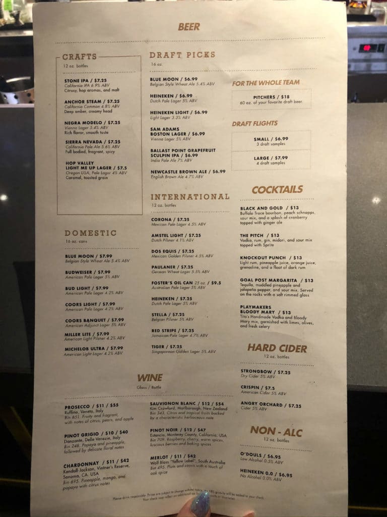 Playmakers drinks menu