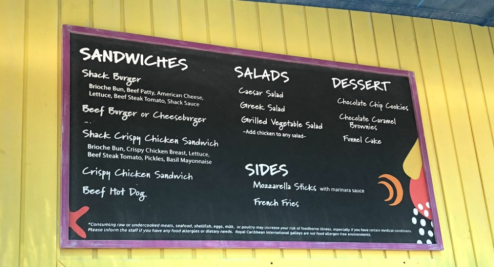 Snack shack menu on CocoCay