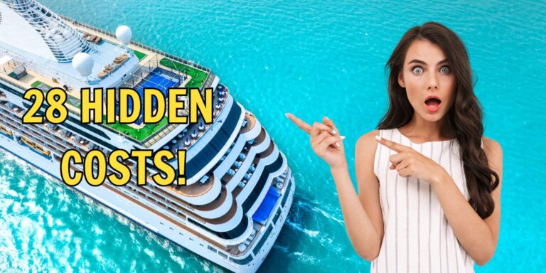 Surprised woman pointing at bold text '28 HIDDEN COSTS!' overlaid on an aerial image of a cruise ship sailing on vibrant blue waters