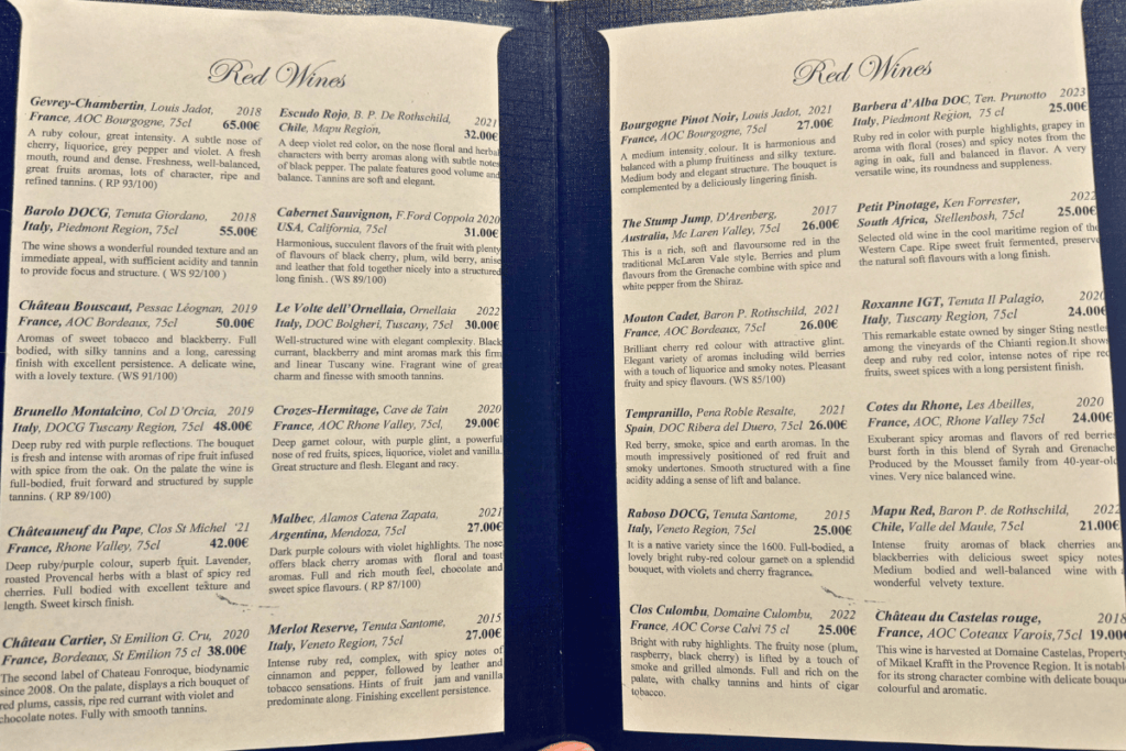 Star Clippers wine list