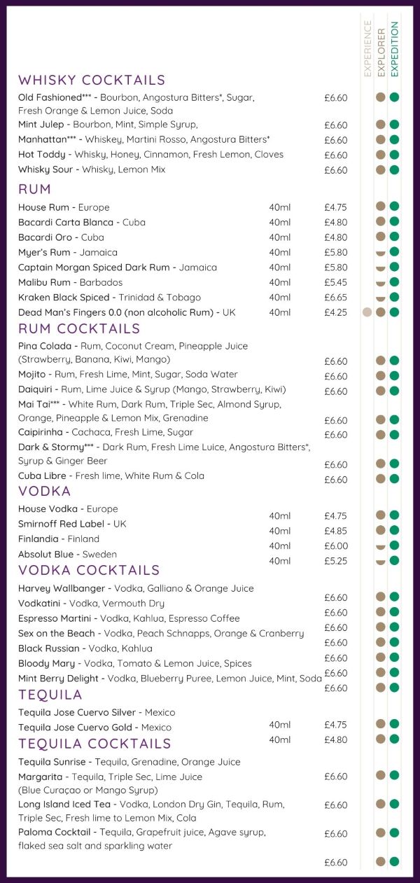 Ambassador Cruise Line cocktail menu