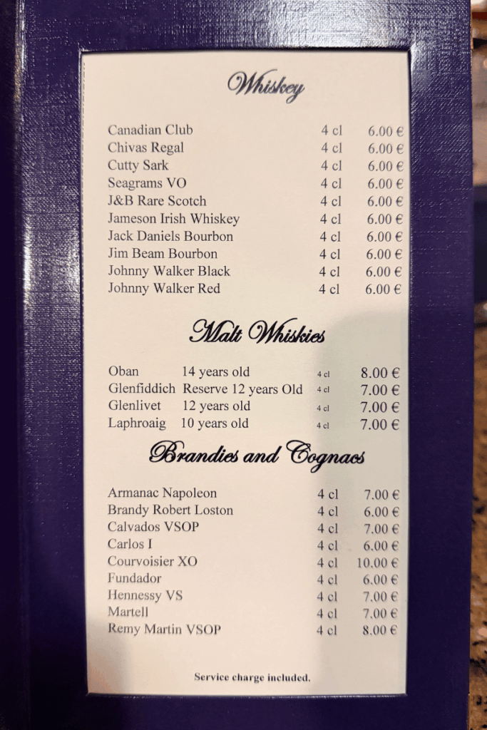 Star Clippers Drink Menu - Whiskey