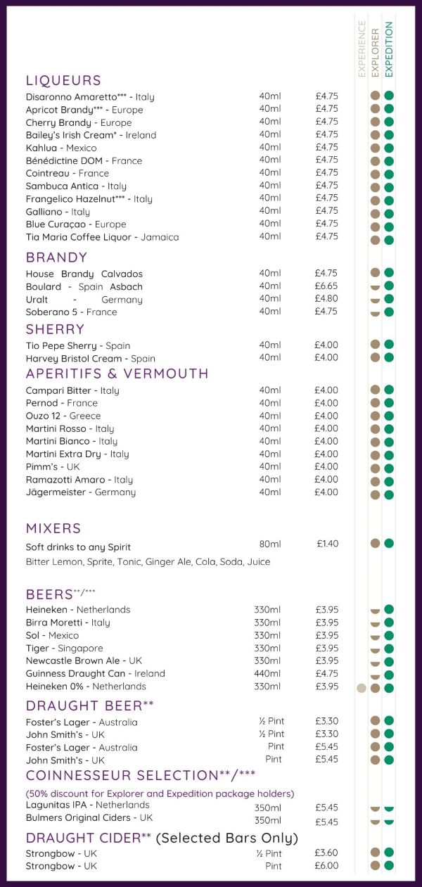 Ambassador Cruise Line spirits and beers menu