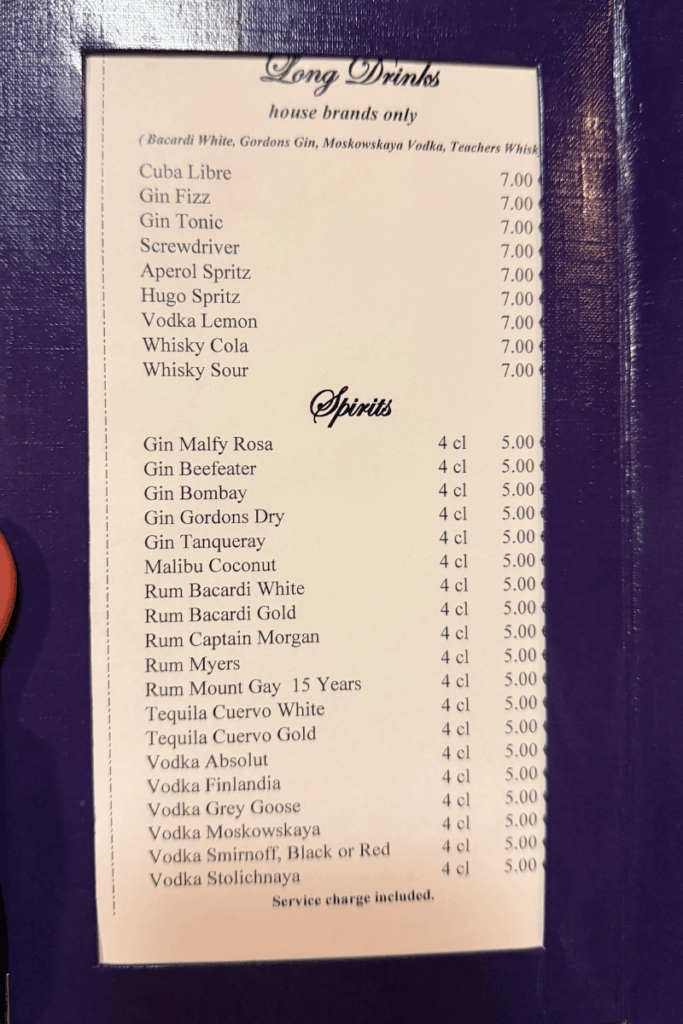 Star Clippers Drink Menu - Spirits