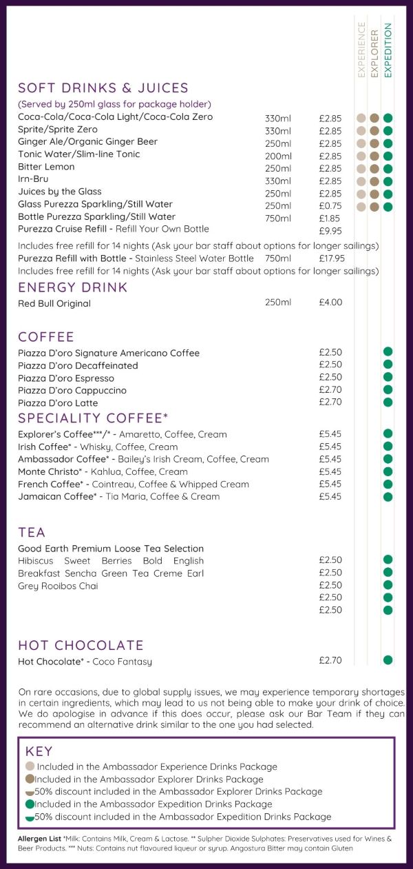 Ambassador Cruise Line soft drinks and coffee menu