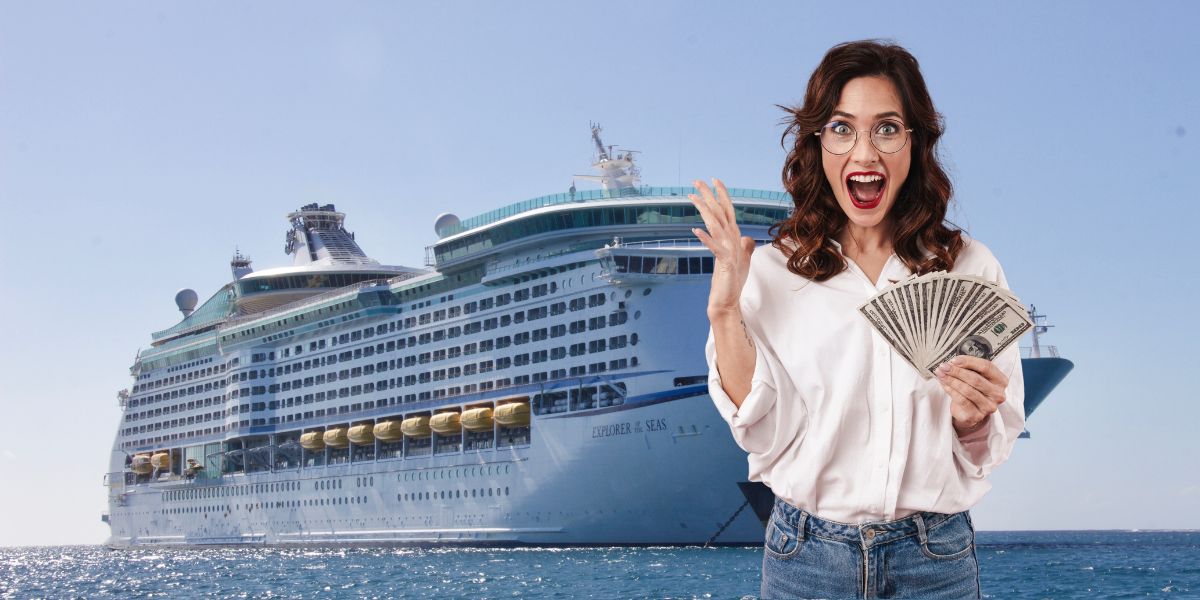 A woman holding money with a cruise ship in the background. Get ready for a luxurious cruise ship splurge!