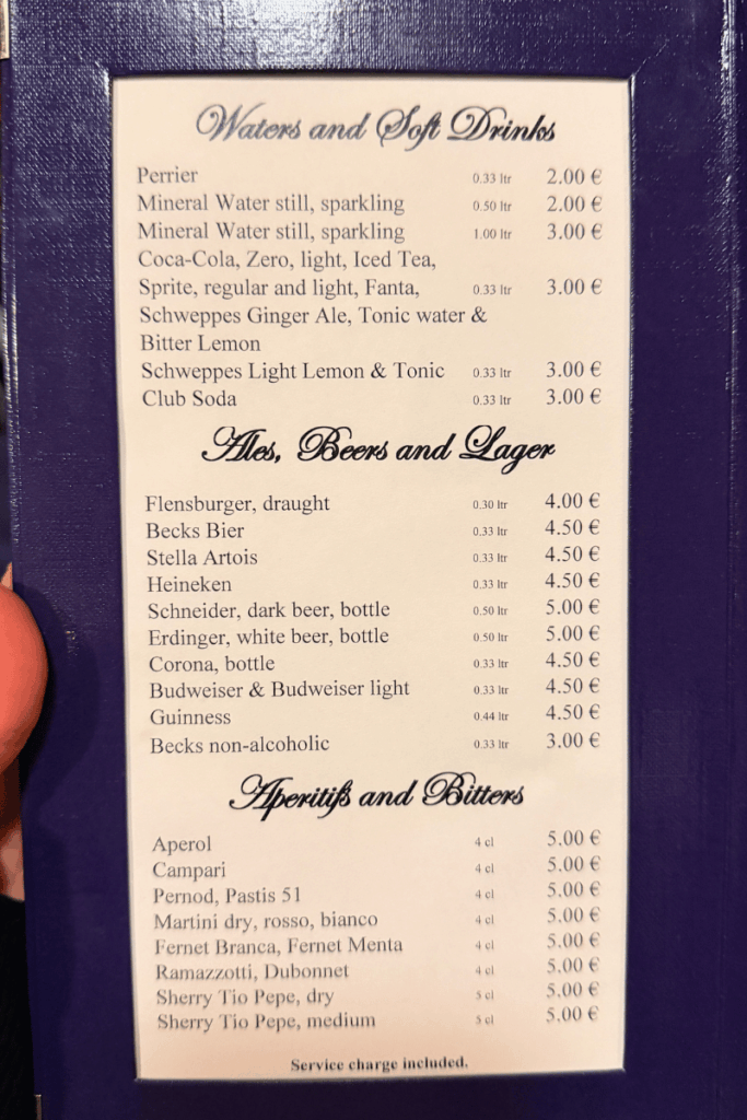 Star Clippers Drink Menu - Beers and soft drinks