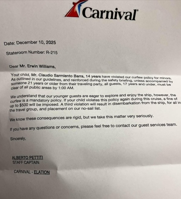 Letter sent to a Carnival guest about curfew violation