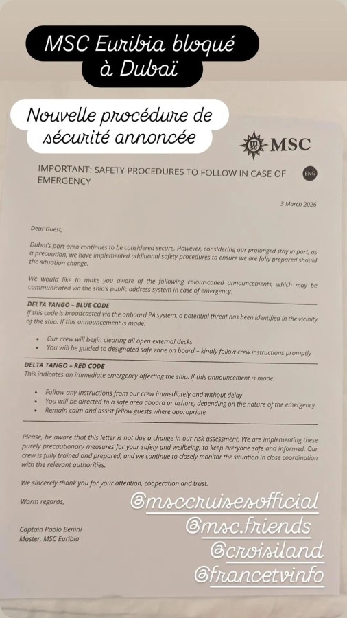 MSC Euribia warning letter to guests
