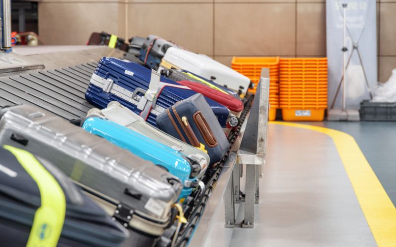 A variety of colorful suitcases on a luggage conveyor belt in an airport setting, conveying the concept of travel and the handling of personal belongings during transit.