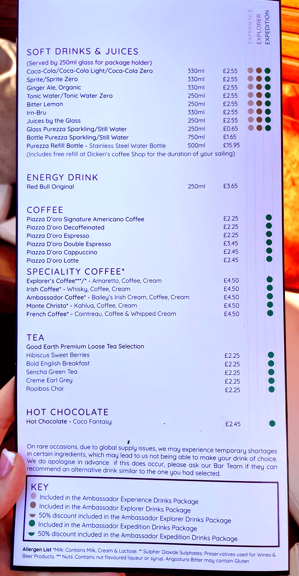 Ambassador Cruise Line soft drinks and coffee menu