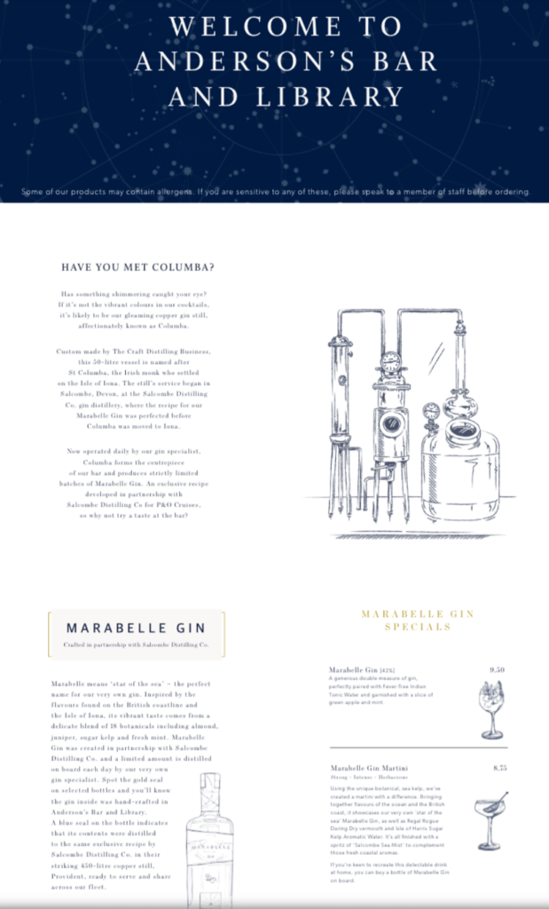 P&O Cruises Anderson's Bar and Library menu