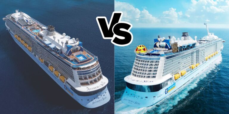 Comparison image of two Royal Caribbean cruise ships, Anthem of the Seas on the left and Spectrum of the Seas on the right, sailing in open blue waters, juxtaposed with a large 'Vs' symbol in the center to suggest a comparison of features or offerings.