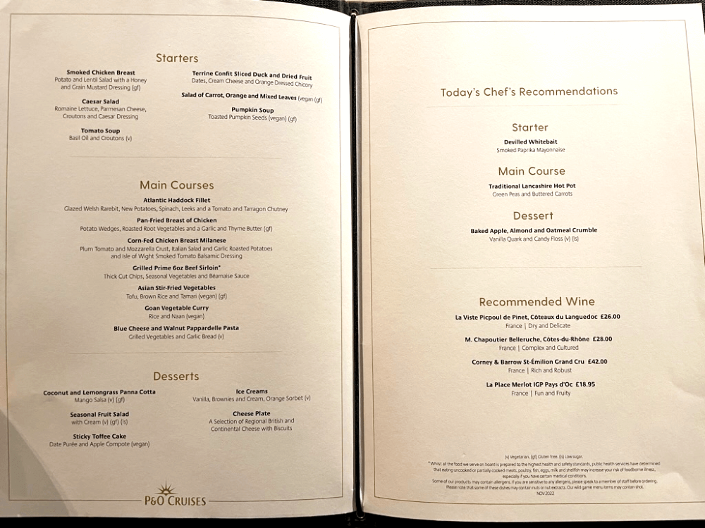 Arvia main dining room menu