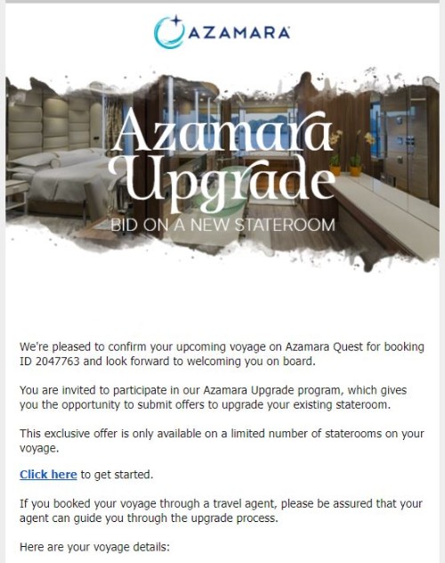 Azamara upgrade email