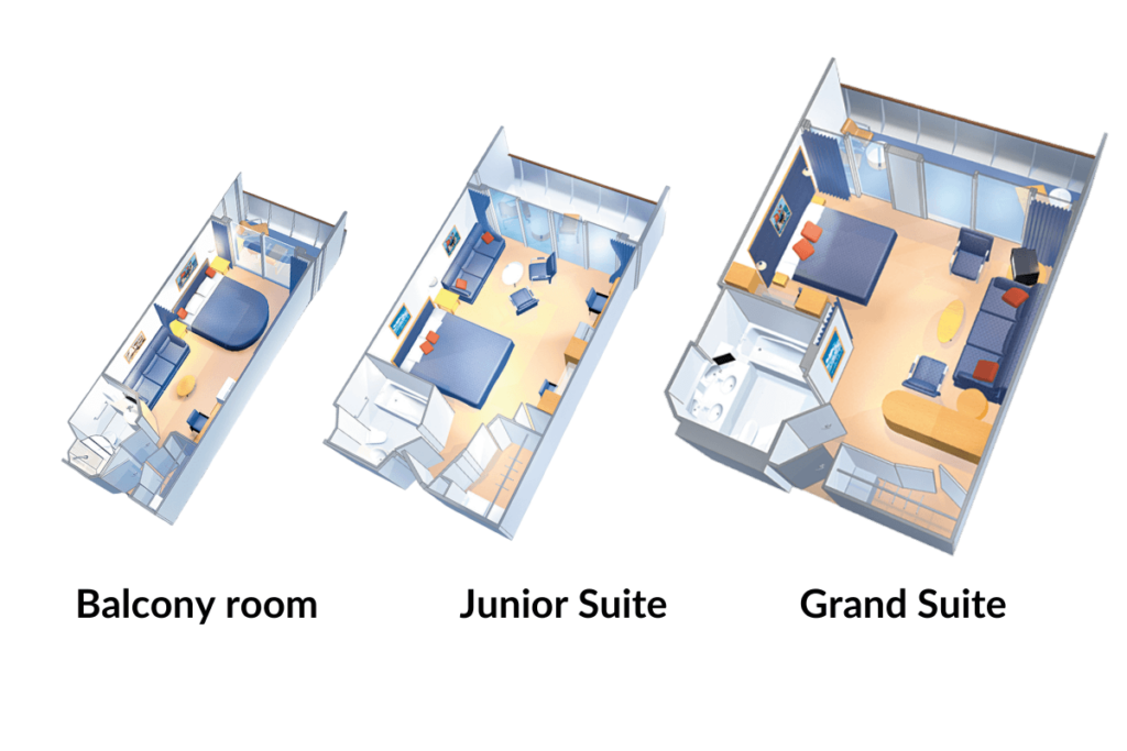 Balcony vs Junior Suite vs Grand suite sized on Royal Caribbean