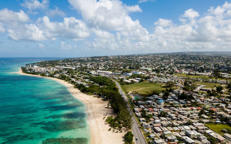 Aerial view of the coastline in Barbados in Caribbeans