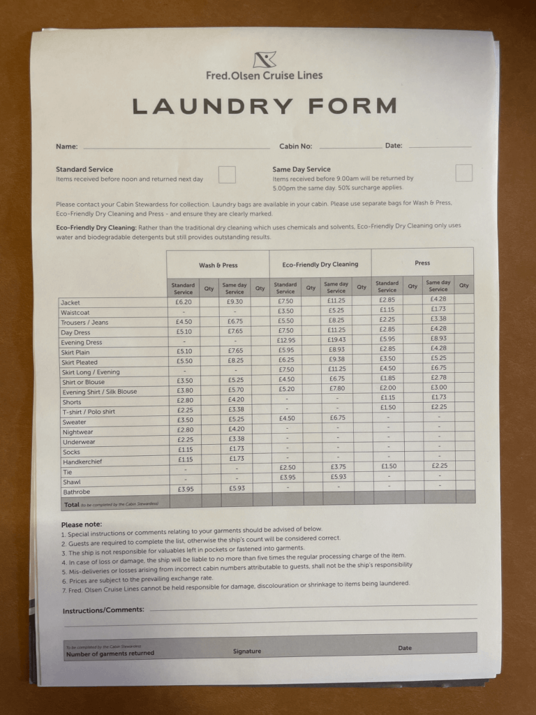 Fred Olsen Cruise Lines laundry price list