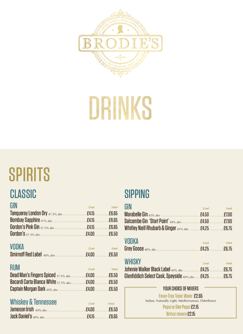 P&O Cruises Brodies pub menu