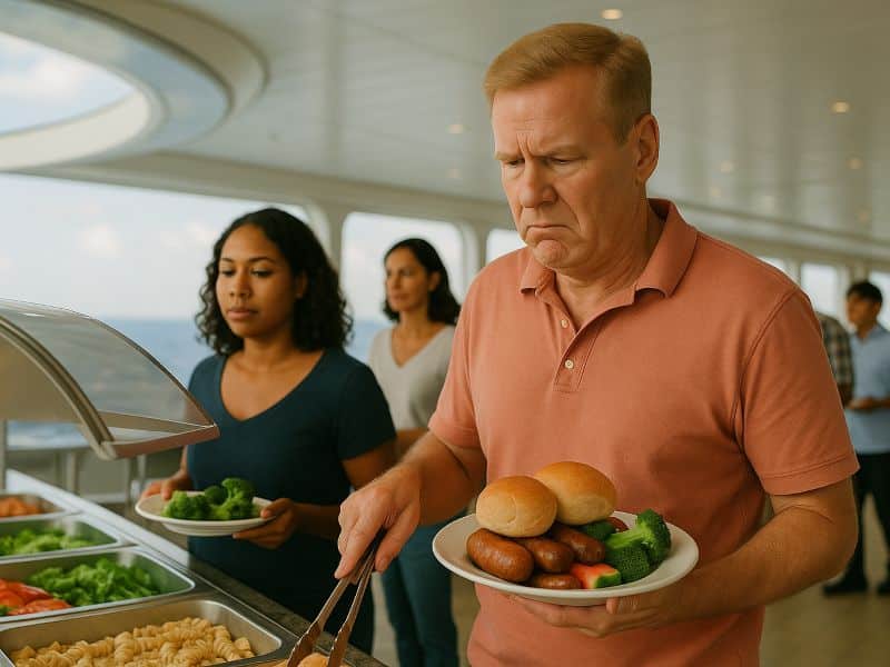 Grumpy man overloading buffet plate