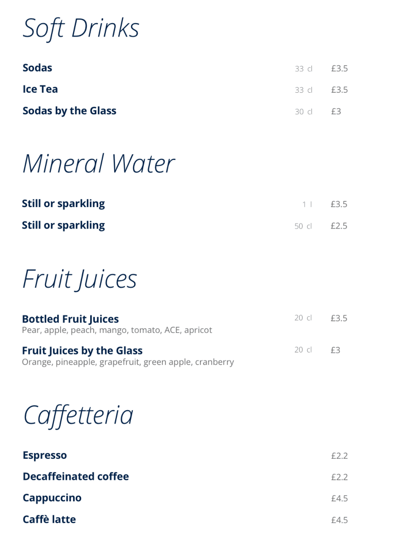 MSC Cruises buffet soft drinks list