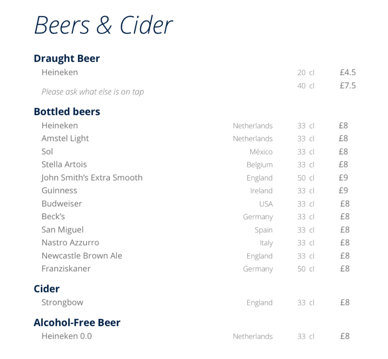 MSC Cruises buffet beer list