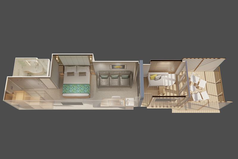 The image shows a 3D floor plan of a Cabana Deck Mini-Suite on Princess Cruises' Sun Princess. The suite layout includes a spacious bedroom with a large bed and bedside tables, a seating area with a sofa and a small table, and a private bathroom with a shower. The most distinctive feature is the extended private outdoor space, which includes a cabana area with a sofa and additional seating. This outdoor area is partially enclosed for privacy while still allowing guests to enjoy the ocean view. The suite is designed to provide comfort and luxury, combining indoor and outdoor living spaces seamlessly.