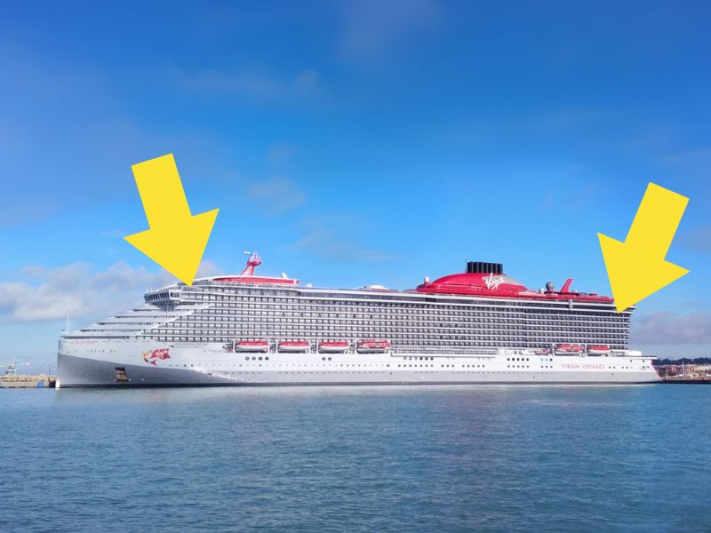 Virgin Voyages ship with arrow pointing to cabins forward and aft on high decks