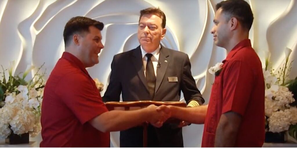 A cruise ship captain officiating a wedding on a Celebrity Cruises ship