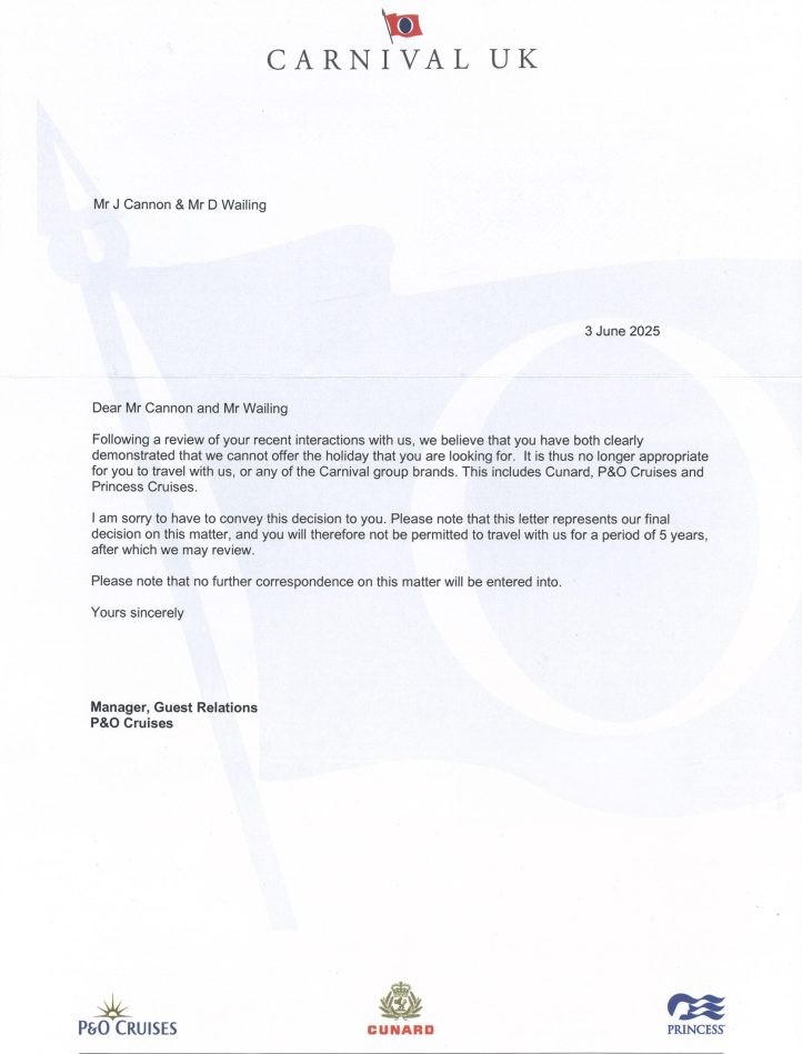 Carnival letter sent to Dan and Jay from Sail Away Magazine