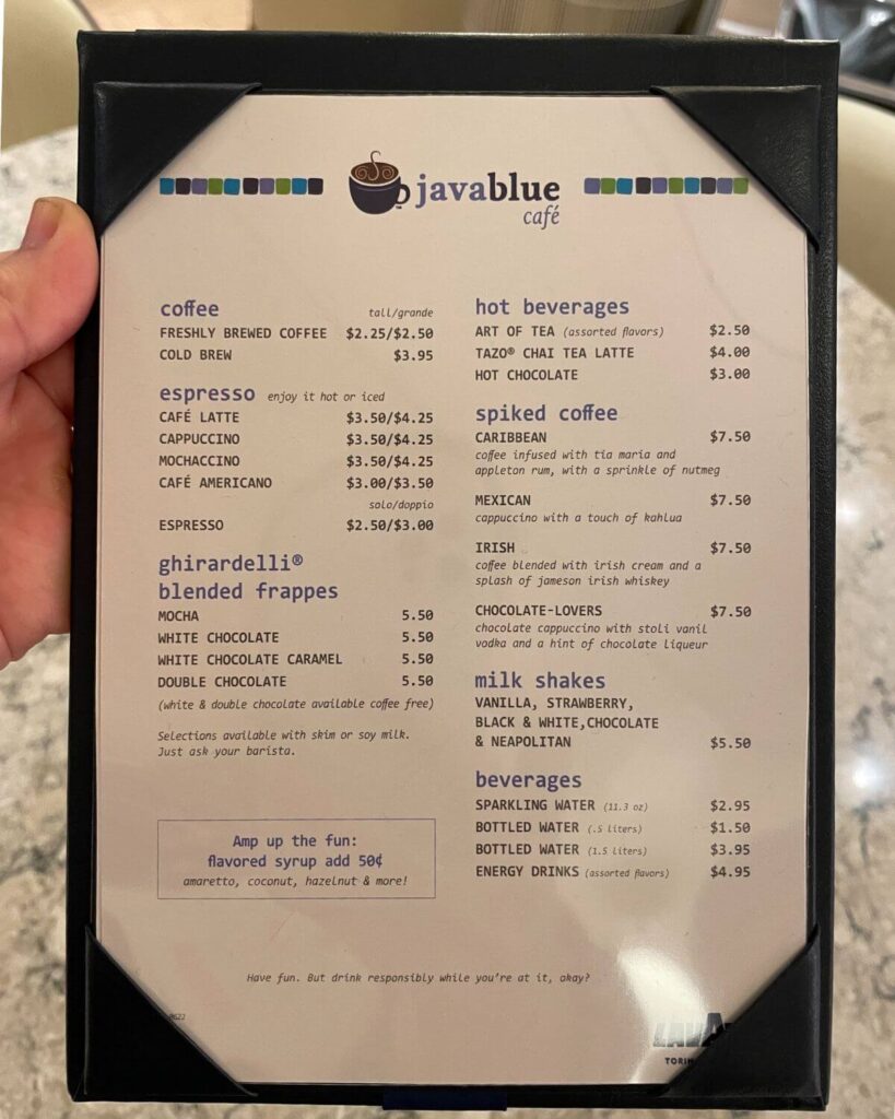 Carnival Javablue Cafe drinks menu