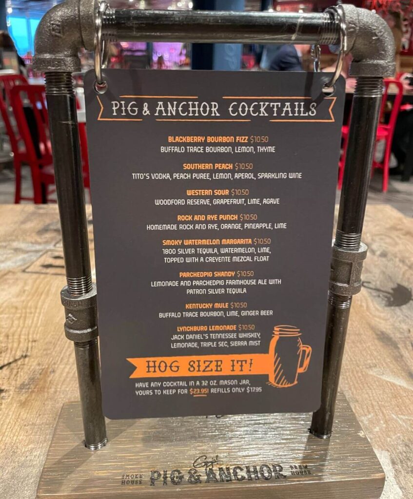 Carnival Pig & Anchor drinks menu