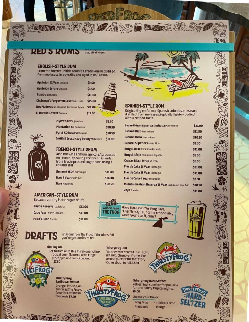 Carnival Red Frog Tiki Bar drinks menu