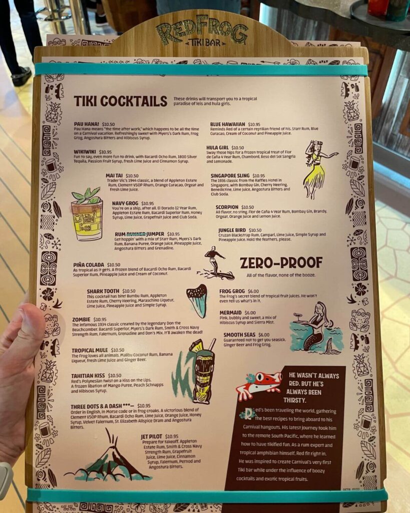 Carnival Red Frog Tiki Bar drinks menu